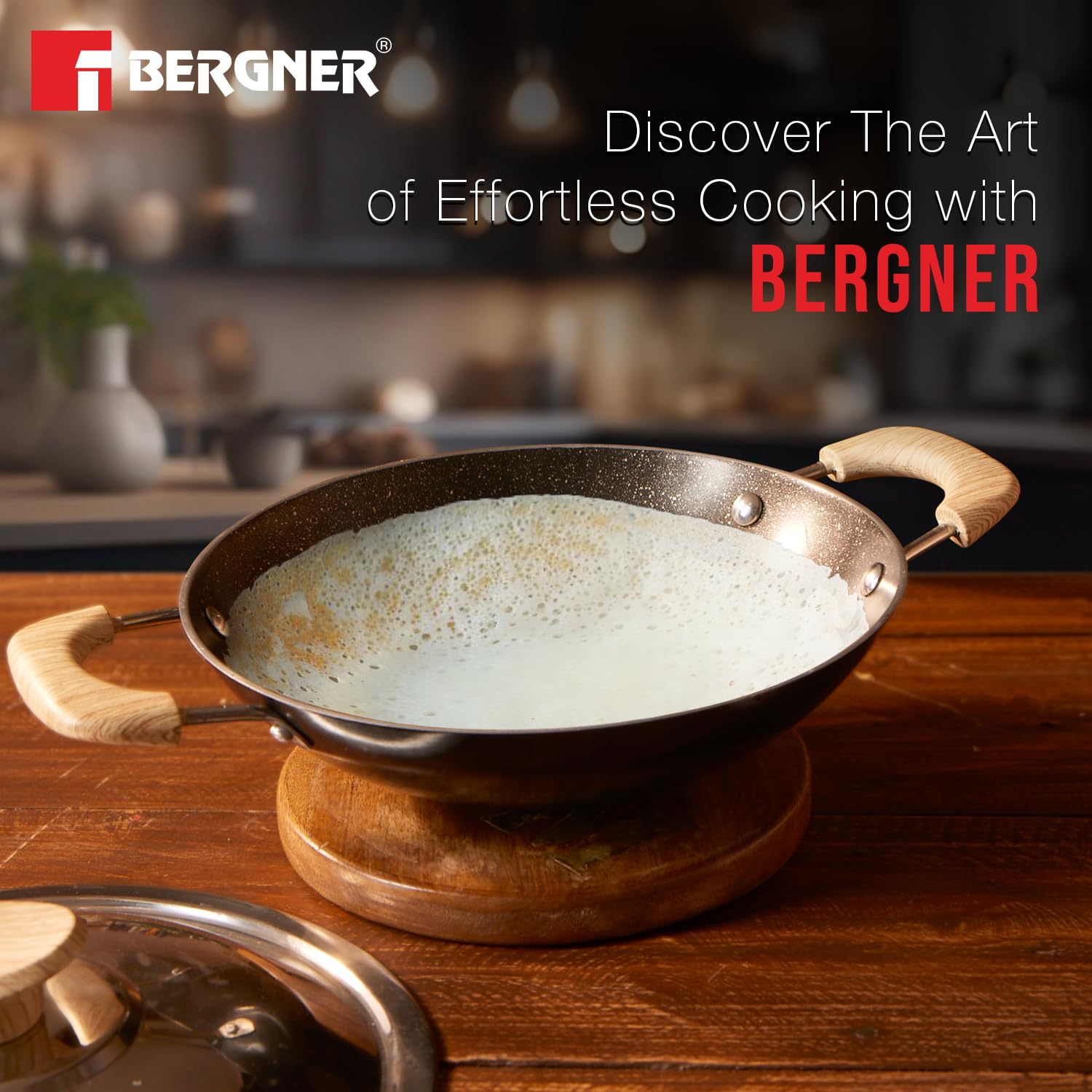 Bergner Bellini Plus Aura 5-layer Non-stick 20 Cm Appachetty With Stainless Steel Lid, Wooden Finish Soft Touch Handle