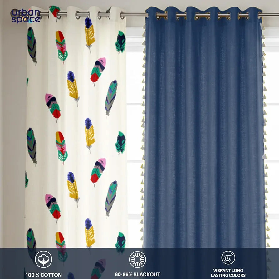 Urban Space Printed Cotton Curtains for Door Combo Set of 3 Curtains Room Darkening Curtain Curtains Dream Catcher & Aura Indigo Colour