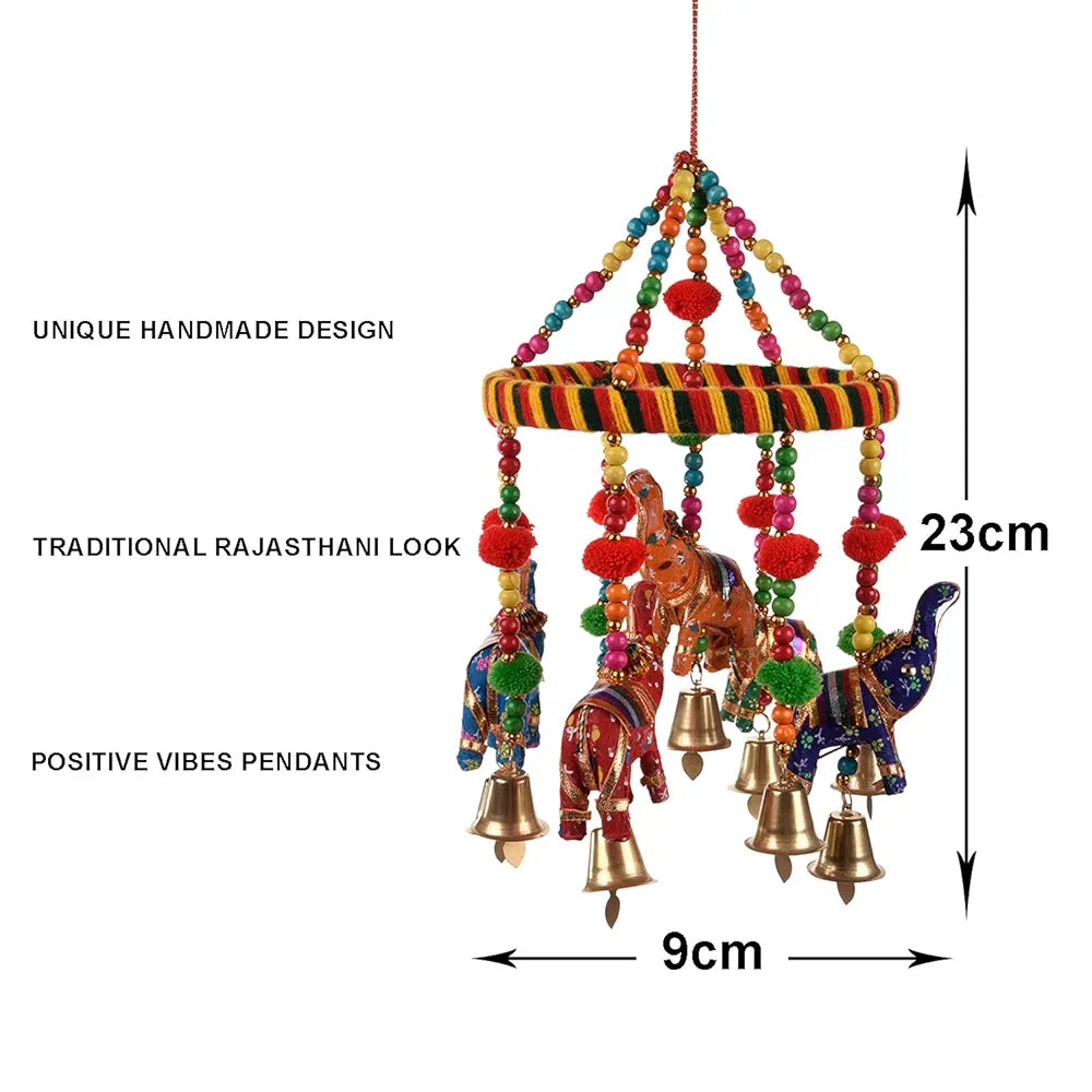 Kuber Industries Rajasthani Traditional Windchimes Hanging Ring Elephant with Bells Pack of 2
