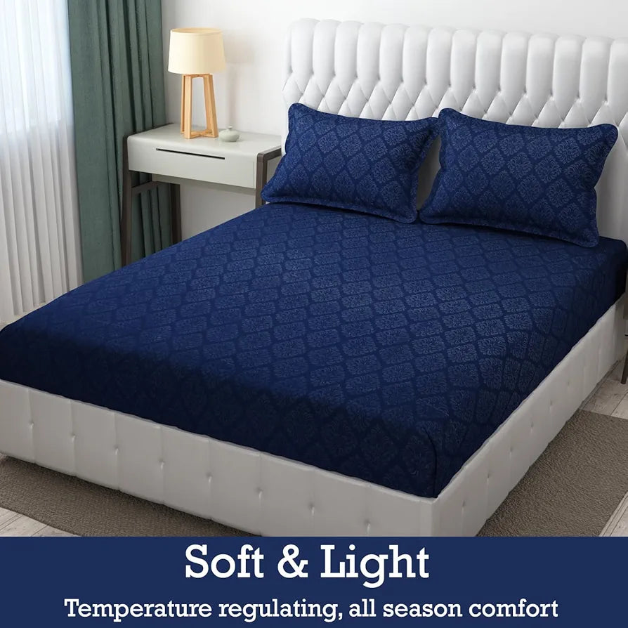 Fresh From Loom Printed Double Bedsheet King Size Microfiber Wrinkle Free With 2 Pillow Covers 144 TC Navy-Blue Damas