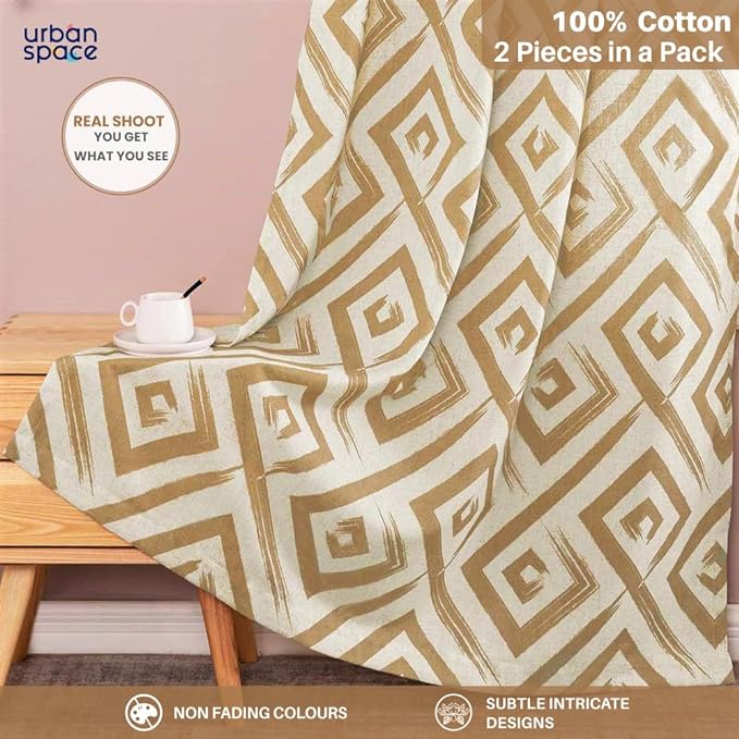 Urban Space Cotton Curtains for Door Pack of 2 Curtain with Eyelets and Tieback (Clour Basics Beige)