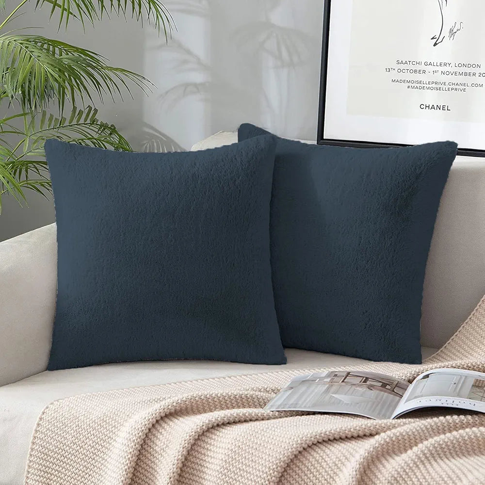 Luxe Home Cushion Cover One Side Rabbit Fur Plain Design Covers Set of 2 Anthra