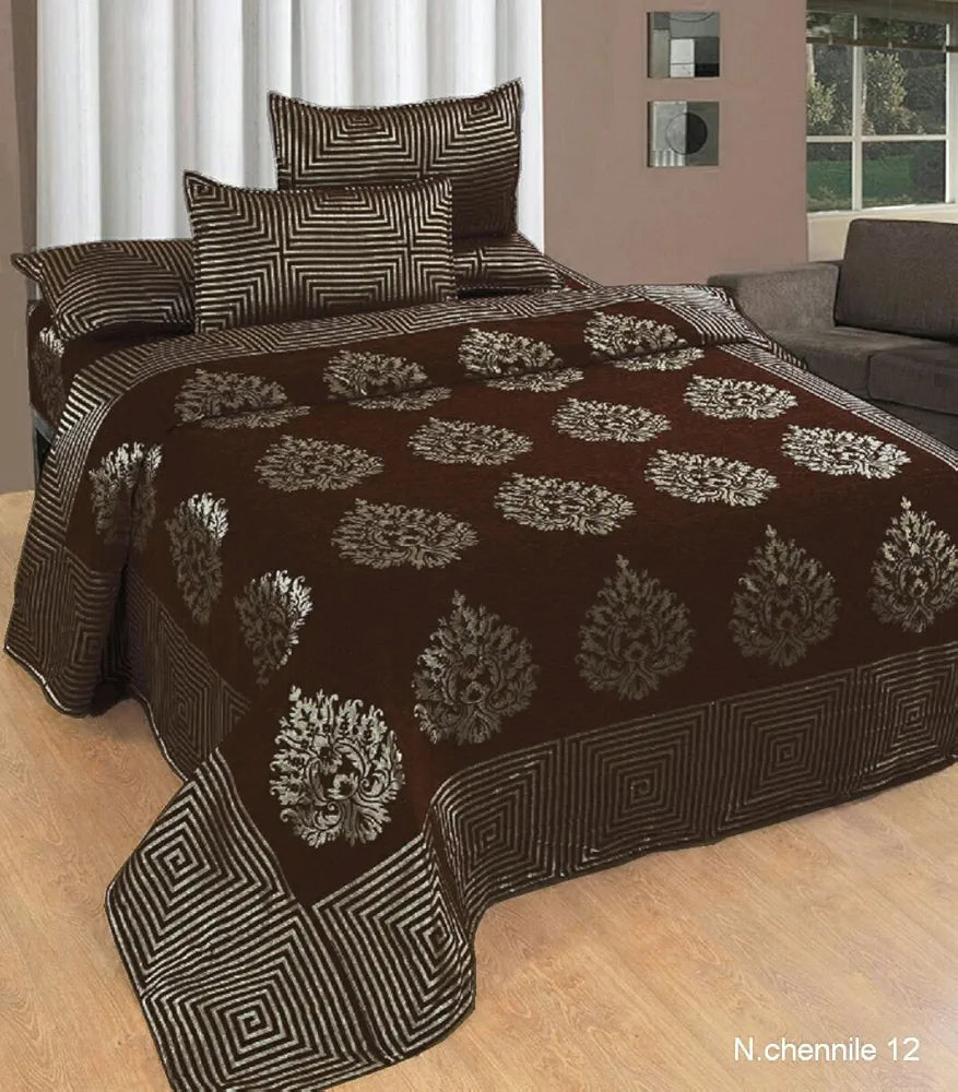 Fresh From Loom Chenille Velvet 500 TC Double Bed King Size Bedsheet with 2 Pillow Cover Jhumka Coffee
