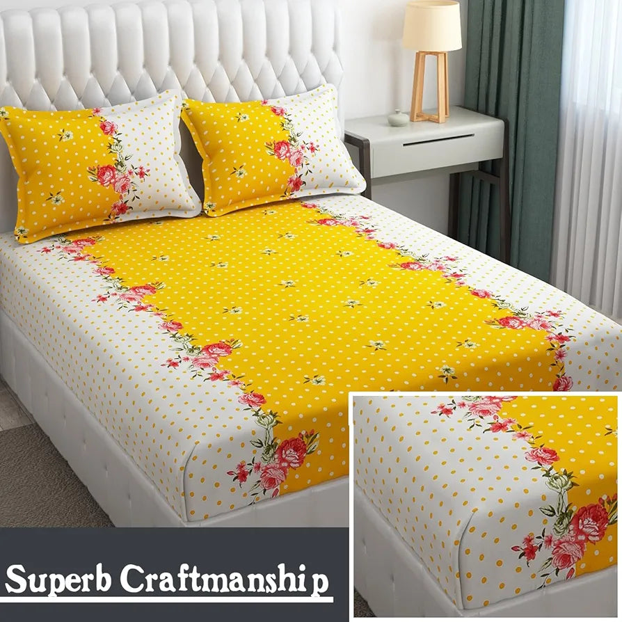 Fresh From Loom Double Bedsheet King Size Microfiber Rotary Printed with 2 Pillow Covers 144 TC Yellow White