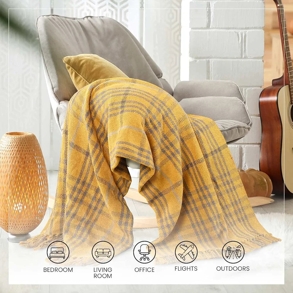 Sashaa World Soft Check Throw Blanket Colour Mustard
