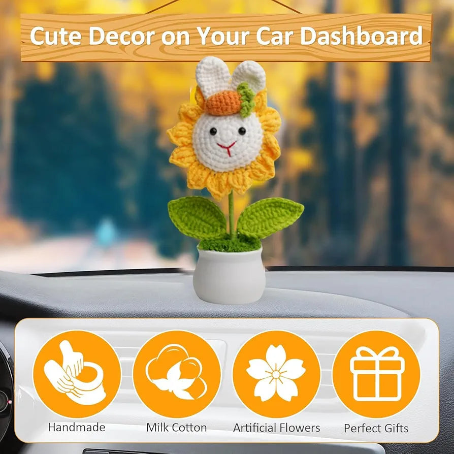 Crochet Flower Rabbit Sunflower With Pot. Artificial Handmade Knitted Flower Yellow