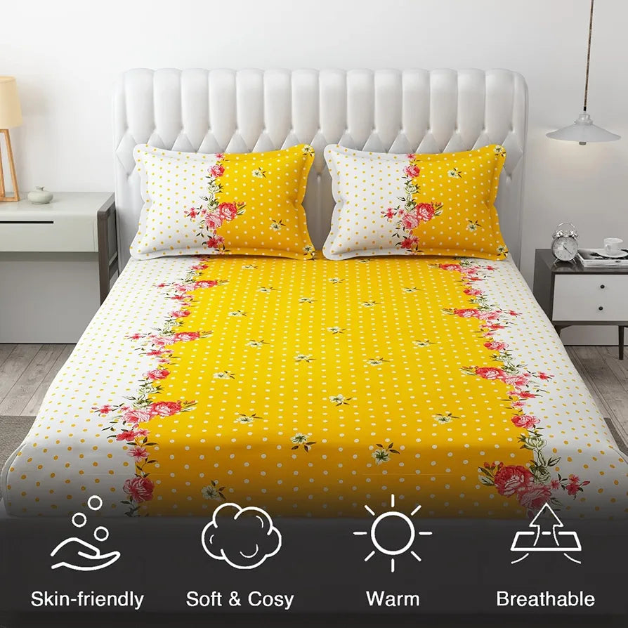 Fresh From Loom Double Bedsheet King Size Microfiber Rotary Printed with 2 Pillow Covers 144 TC Yellow White