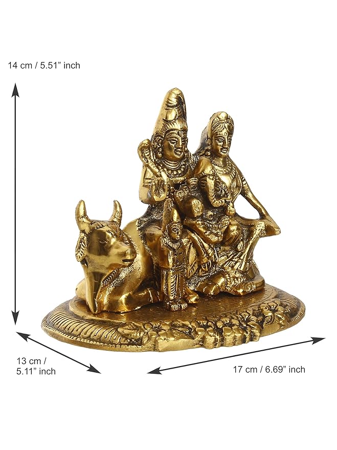 Ecraftindia Golden Metal Handcrafted Lord Shiva, Parvati, Kartik, and Ganesha Idol Sitting on Nandi Animal