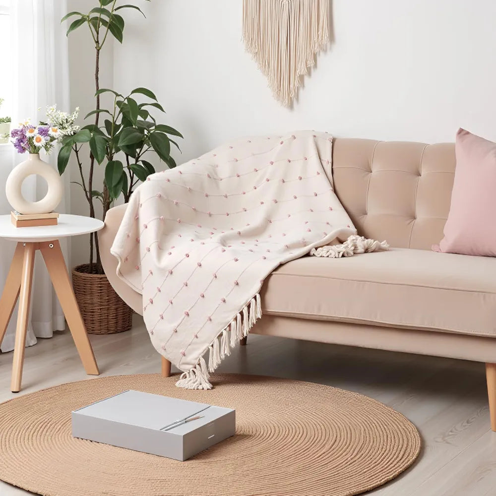 Sajavat Home Hand-Knitted Pure Cotton 3 Seater Sofa Throw Colour Beige & Pink