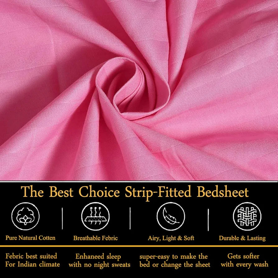 Fresh From Loom 240 TC Satin Striped Elastic Fitted Bed Sheets Bed Covers King Size Bed with Two Pillow Cover Pink