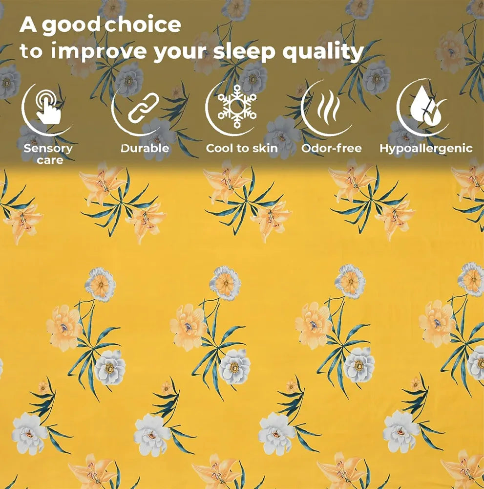 Fresh From Loom King Size Soft Glace Cotton Fitted Floral Bedsheet With Two Pillow Cover Elastic Fitted Bed Sheets Peach Yellow 144 TC