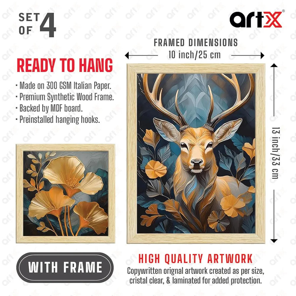 ArtX Paper Golden Deer Sunrise Scenery Flower Tree Art Paintings with Frame Set of 4