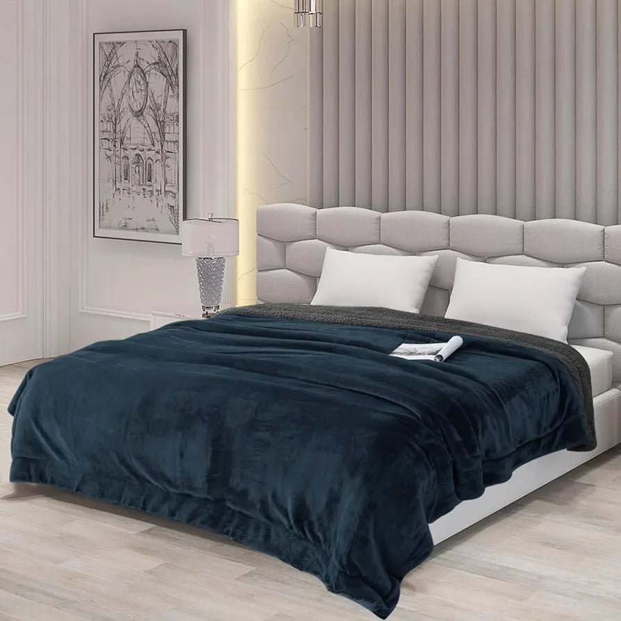 Cloth Fusion Fleece Sherpa Blanket for Winter Single Bed Soft Quilt Blanket Navy