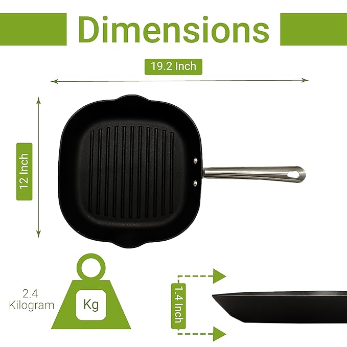 Femora Cast Iron Square 28cm Grill Pan | Non Toxic and Coating Free | Pack of 1 Piece