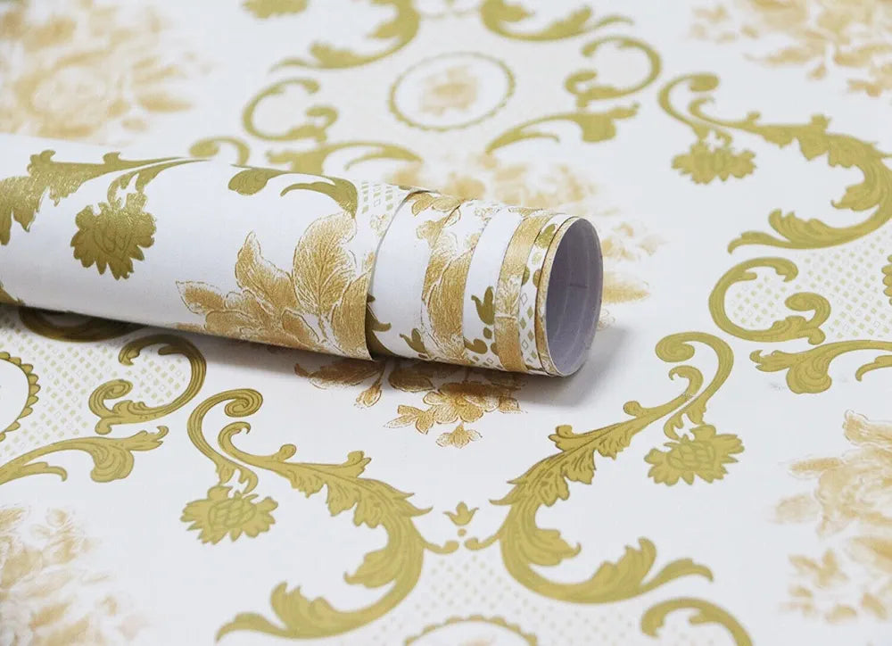 Jaamso Royals Goden White Color Damaskwallpaper Self Adhesive Waterproof for Home and Wall Decoration 500CM X 45CM
