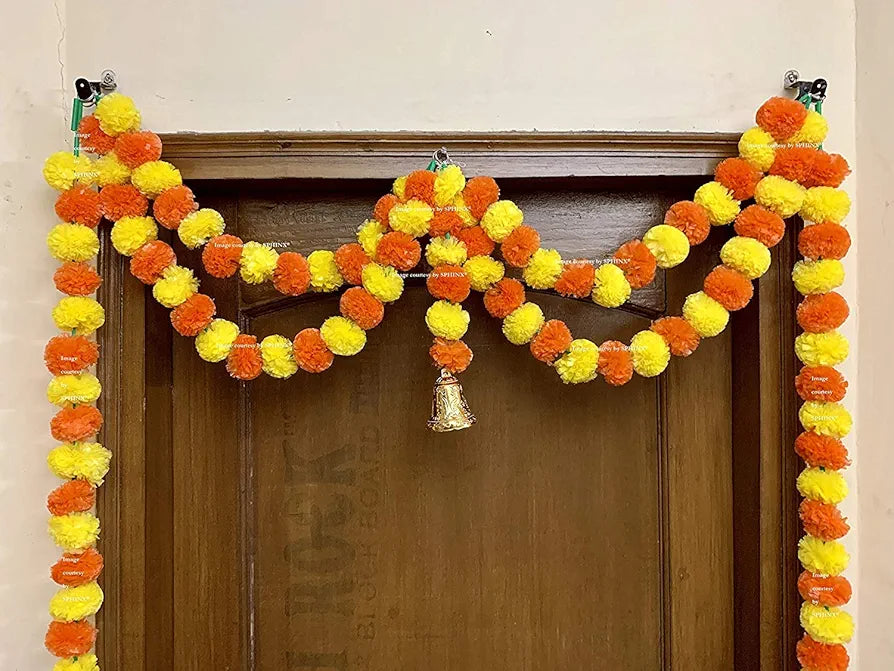 Artificial Marigold Fluffy Flowers Garlands Double line Door Toran Set Yellow & Dark Orange
