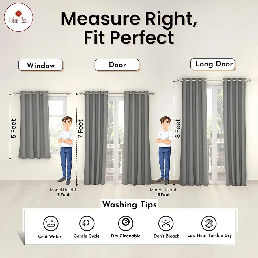 Divine Casa Super Satin Blackout Door Curtains Solid Panels for Complete Light Block Size 7 Feet Silky Colour Cool Beige (Pack of 2)