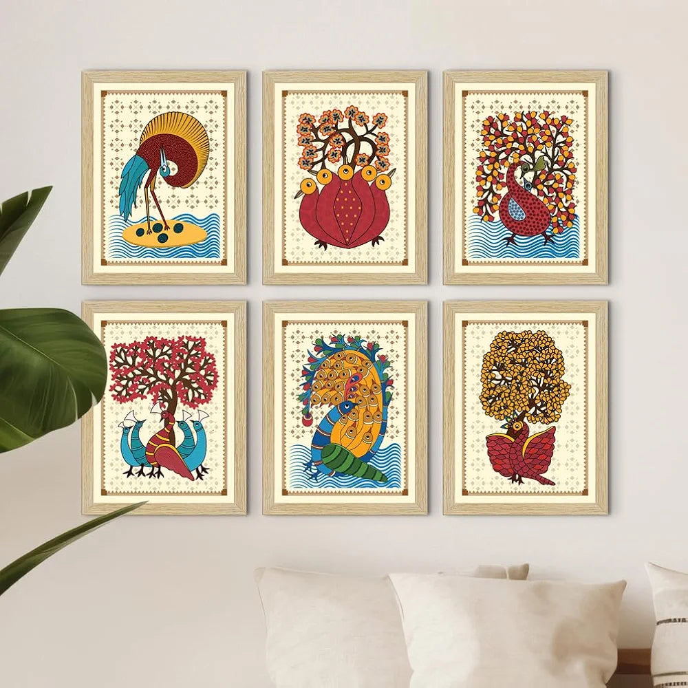 ArtX Paper Indian Gond Art Paintings with Frame Multicolor Gond-SO6-01 Set of 6