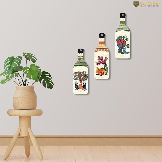 Artvibes Madhubani Art Wooden Wall Hanging for Home Decor | Set of 3