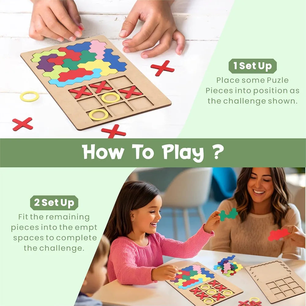 SPARTAN KIDS® 3D Wooden Hexagon Puzzle & Classic Tic Tac Toe Game - Montessori Educational Toy for Kids, Creative Shape Pattern Block, Two-in-One Early Learning Toy