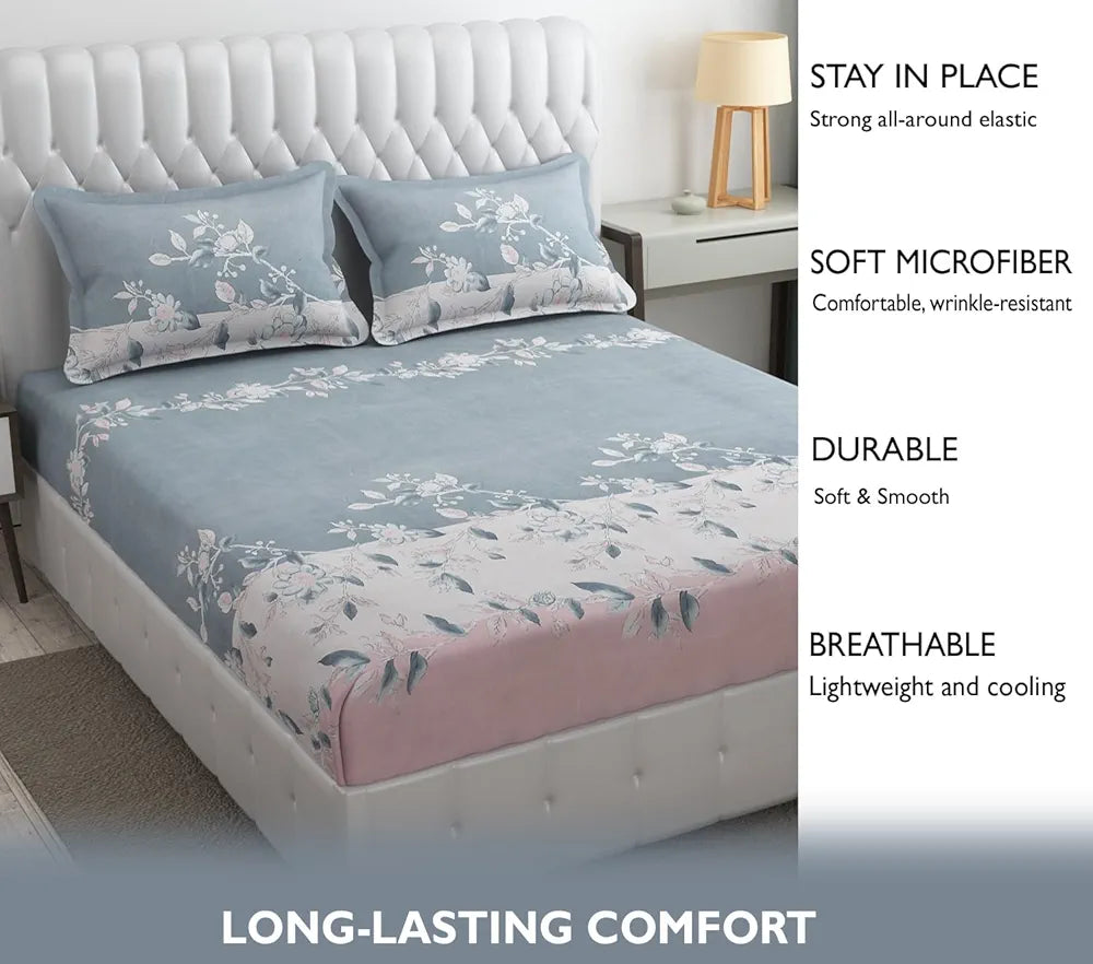 Fresh From Loom King Size Floral Print Microfiber Fitted Bedsheet Set 240 TC 2 Pillow Cover Grey Walnut