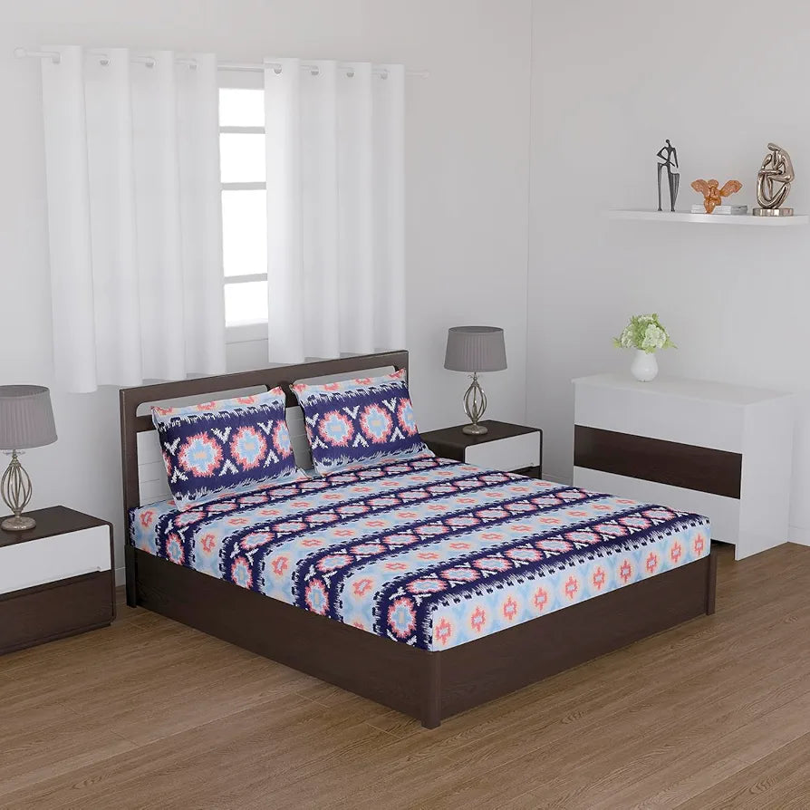 Status Contract Spring Cotton Rich Double Bedsheet with 2 Pillow Covers Colour Blue