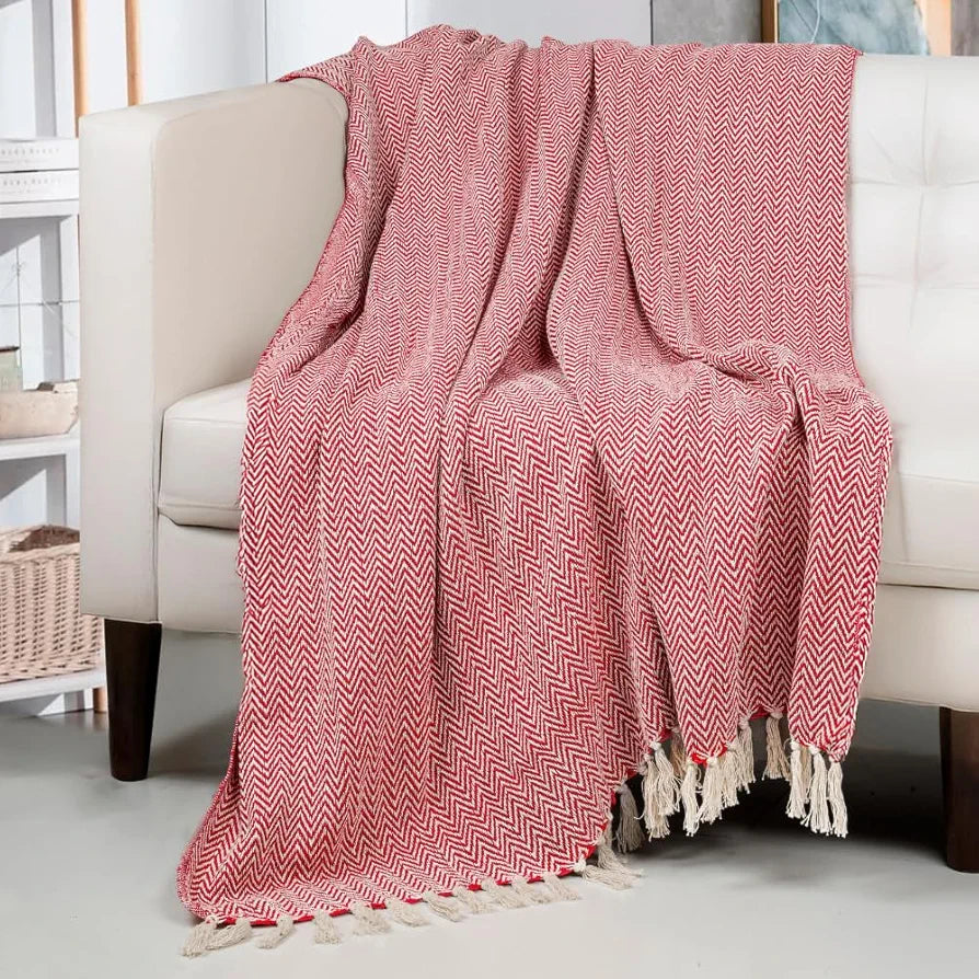 Homadorn All Season Cotton Weaved Throw Blanket Colour Red