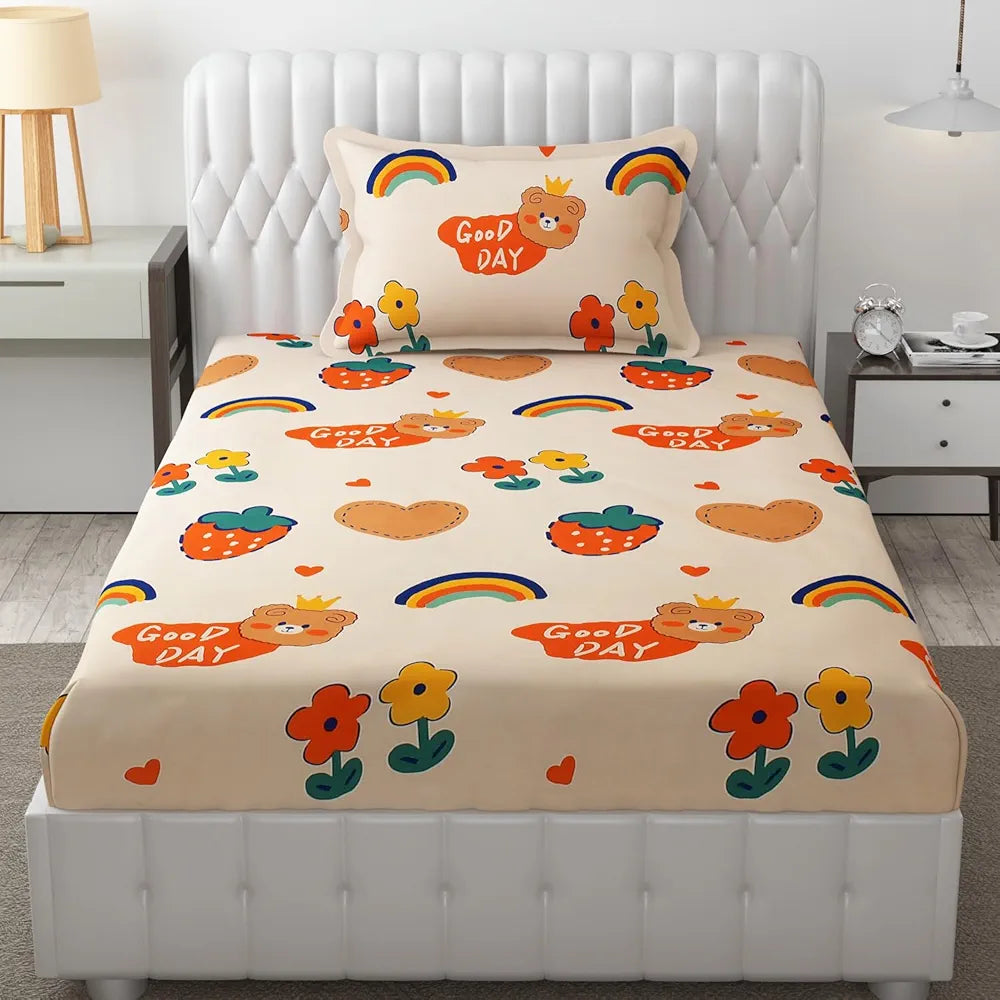 Fresh From Loom Elastic Printed Fitted Bedsheet For Kids For Single Bed With 1 Pillow Cover Small Single Beige 300 TC Pale