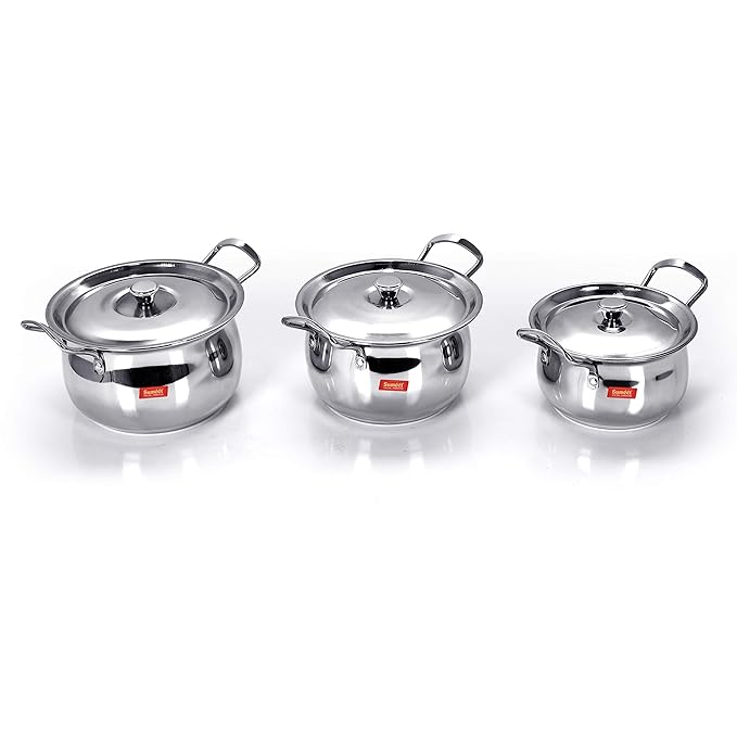 Sumeet Stainless Steel Handi Set With Lid| 1.1, 1.6 2.1 Liters| 3 Piece (Multicolour)