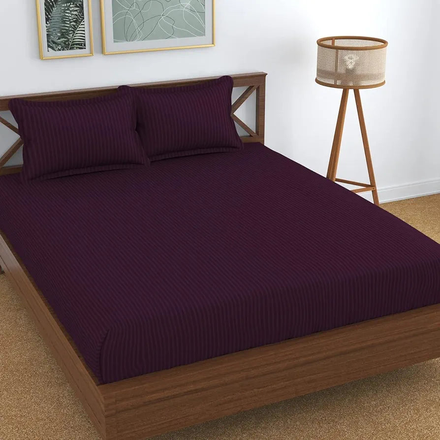 Fresh From Loom Breathable Queen Size Flat Striped Bedsheets Hotel & Home Double Bedsheet Set With 2 Pillow Covers 144 TC Wine