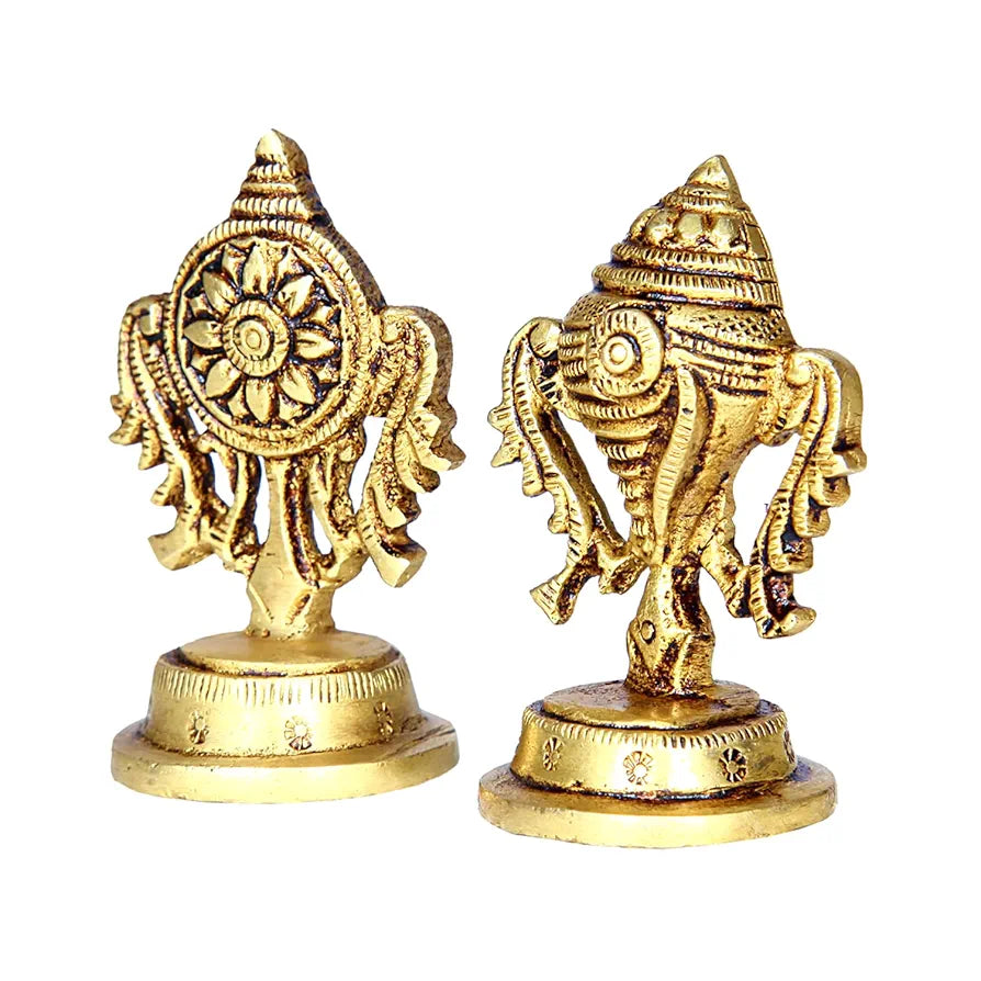 Anciently Brass Small Shankh Chakra Set | Small Sangu Chakram Set 5.8cm Height, Gold Colour - 1 Set