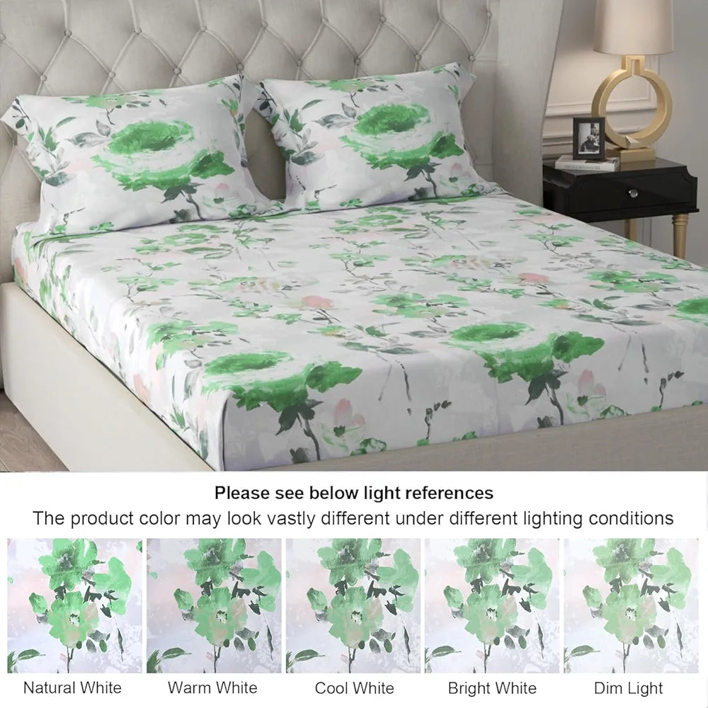 Cloth Fusion Glace Cotton Elastic Fitted Bedsheet for Double Bed King Size with 2 Pillow Covers Garden Mist
