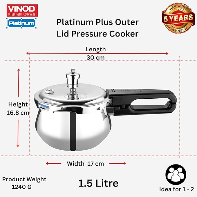 Vinod Splendid Plus Stainless Steel Pressure Cooker Outer Lid 1.5 Litres | SAS Bottom Handi Cooker | Induction and Gas Base