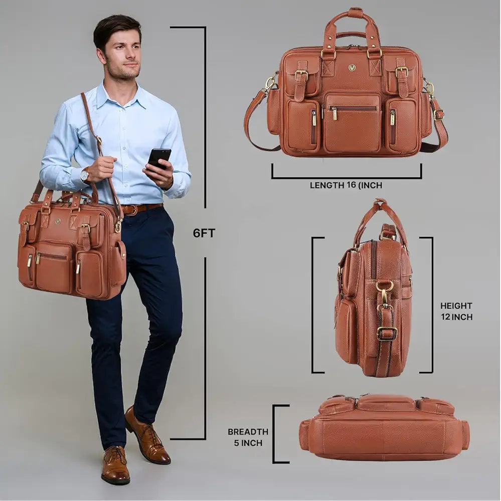 WildHorn Leather Laptop Bag for Men/Office Bag for Men | Fits Upto 15.6 Inch Laptop/MacBook | Laptop Messenger Bag/Leather Bag for Men I Dimension : L-16 inch W-4 inch H-13 inch