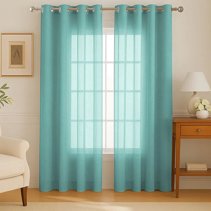 Cloth Fusion Cotton Feel Sheer Door Curtains 9 Feet Long Set of 2 Semi-Transparent Sea Green