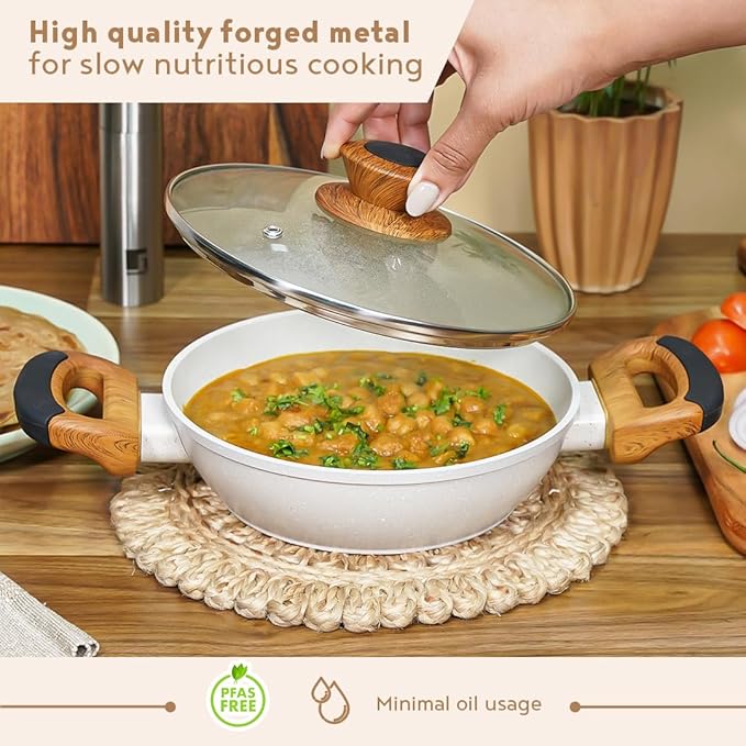 Bergner Naturally Forged Nonstick 28 Cm Kadai With Glass Lid | 3.3 L Capacity