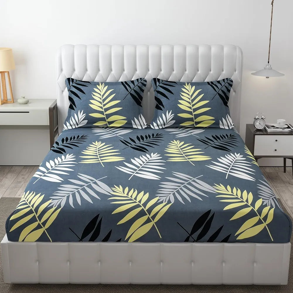 Fresh From Loom King Size Bed With Two Pillow Cover Soft Glace Cotton Fitted Bedsheet Elastic Fitted Bed Sheets 144 TC Leaf Grey