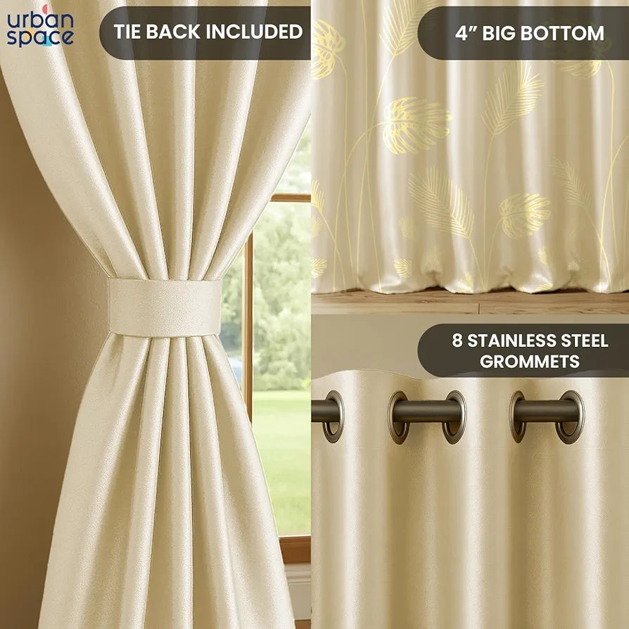 Urban Space Blackout Curtains for Living Room, Gold Foil Printed Luxurious Blackout Decorative Window Curtain Eyelet with Tieback, 1 Piece Aurika Beige Colour