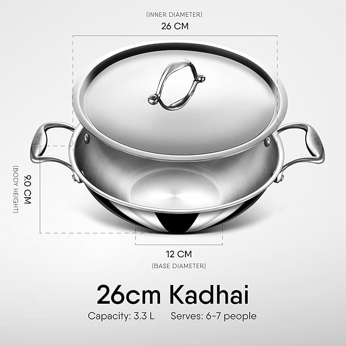 Stahl Artisan Triply Stainless Steel Kadhai With Lid | Kadai for Cooking | Stainless Steel Cookware Triply Kadai | 3.3 L | 26 Cm