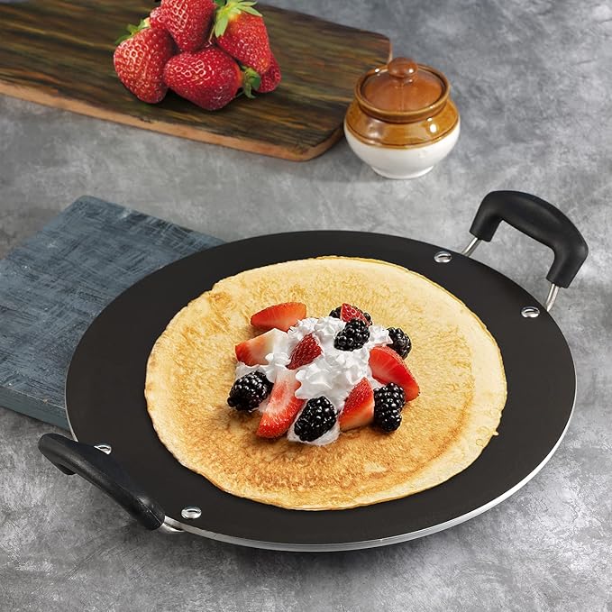 Vinod Zest Aluminium Non Stick Pathri Tawa - 31.5 cm | 5mm Thick | 3 Layer Coating | Metal Spoon Friendly | Bakelite Handle