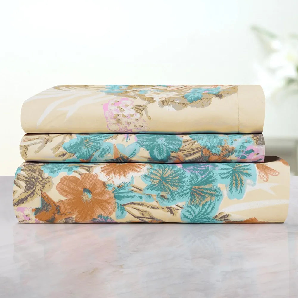 Cloth Fusion Glace Cotton Elastic Fitted Bedsheet for Double Bed King Size with 2 Pillow Covers Spring Bloom