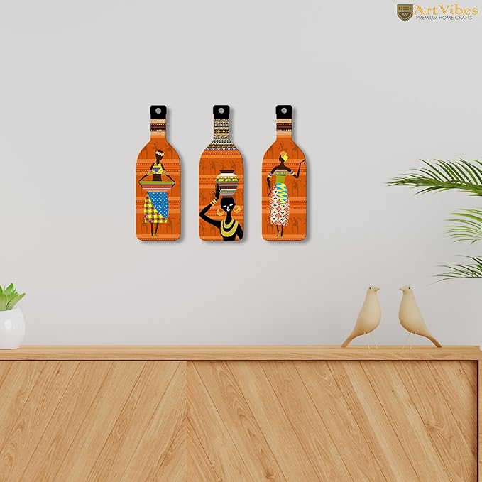 Artvibes African Women Warli Art Wooden Wall Hanging for Home Decor | Set of 3