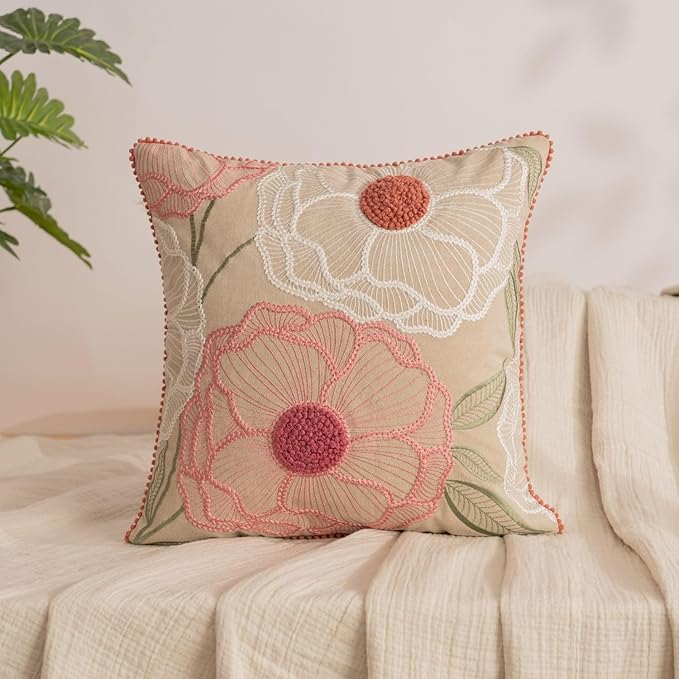 Haus & kinder Cotton Decorative Embroidered Cushion Cover | Colour Outline Floral