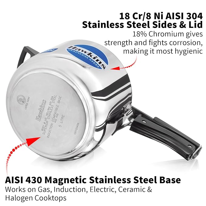 Hawkins 5 Litre Pressure Cooker Stainless Steel Inner Lid Cooker Induction Cooker Silver