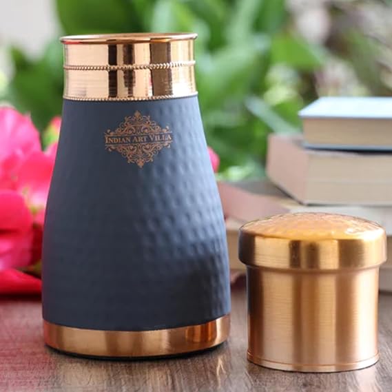 Indian Art Villa Pure Copper Bedroom Bottle With Inbuilt Glass Grey Silk Finish Hammered Design