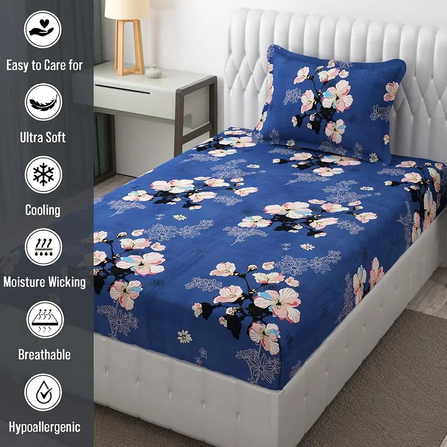 Fresh From Loom Single Size Microfiber Bedsheet Set Rotary Printed Hypoallergenic Wrinkle Free with 1 Pillow Covers Blue 144 TC