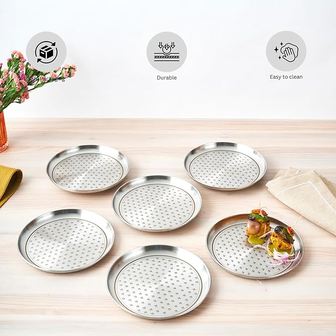 Arttdinox Stainless Steel Quarter Plate Set of 6 | Salad and Snacks | Flower Dot Patterns | Zenith Series