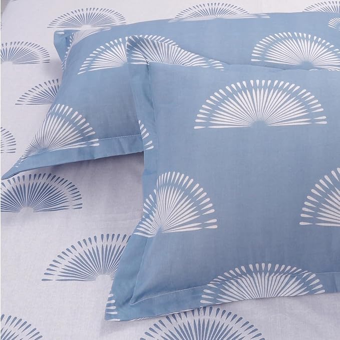 Huesland by Ahmedabad Cotton 144 TC Bedsheet for King Size Bed with 2 Pillow Covers | Sunrise | White & Powder Blue