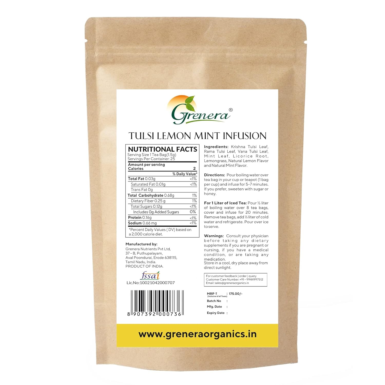 Grenera Tulsi Lemon Mint Infusion - 25 Tea Bags
