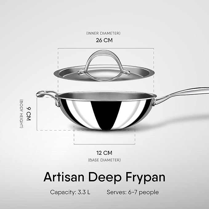 Stahl Artisan Triply Stainless Steel Wok With Lid | Stir Fry Wok | Induction & Gas Stove Compatible | 3.3 L | 26 Cm